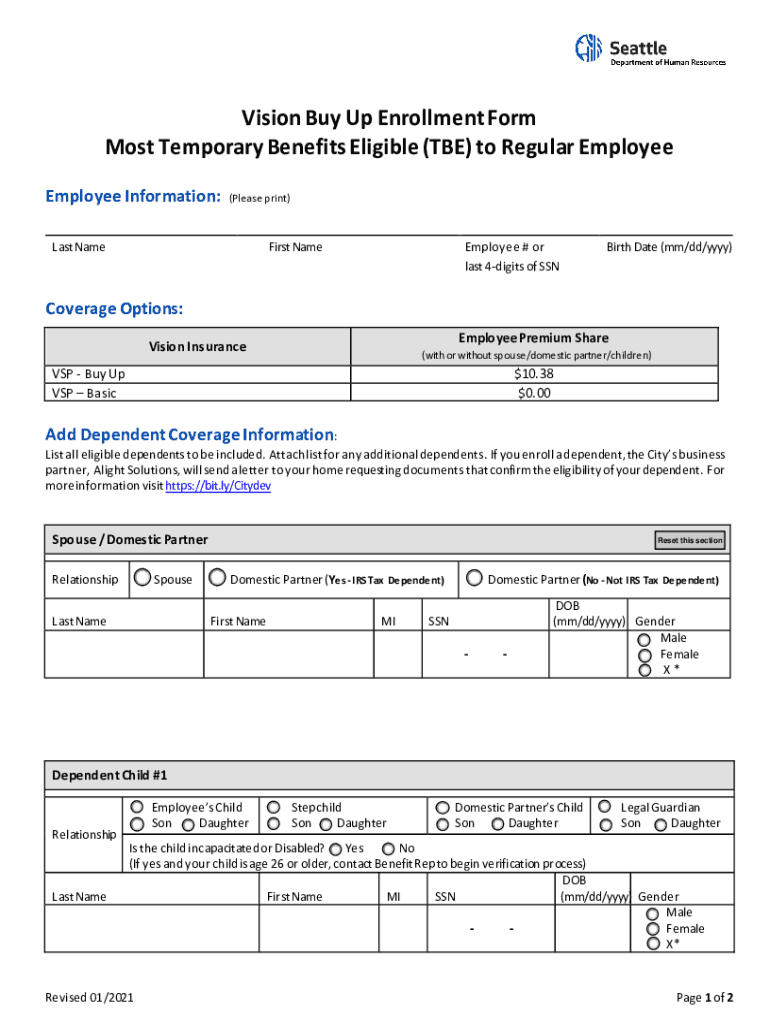 Fillable Online Vision Buy Up Enrollment Form Most Temporary Benefits Eligible Fax Email