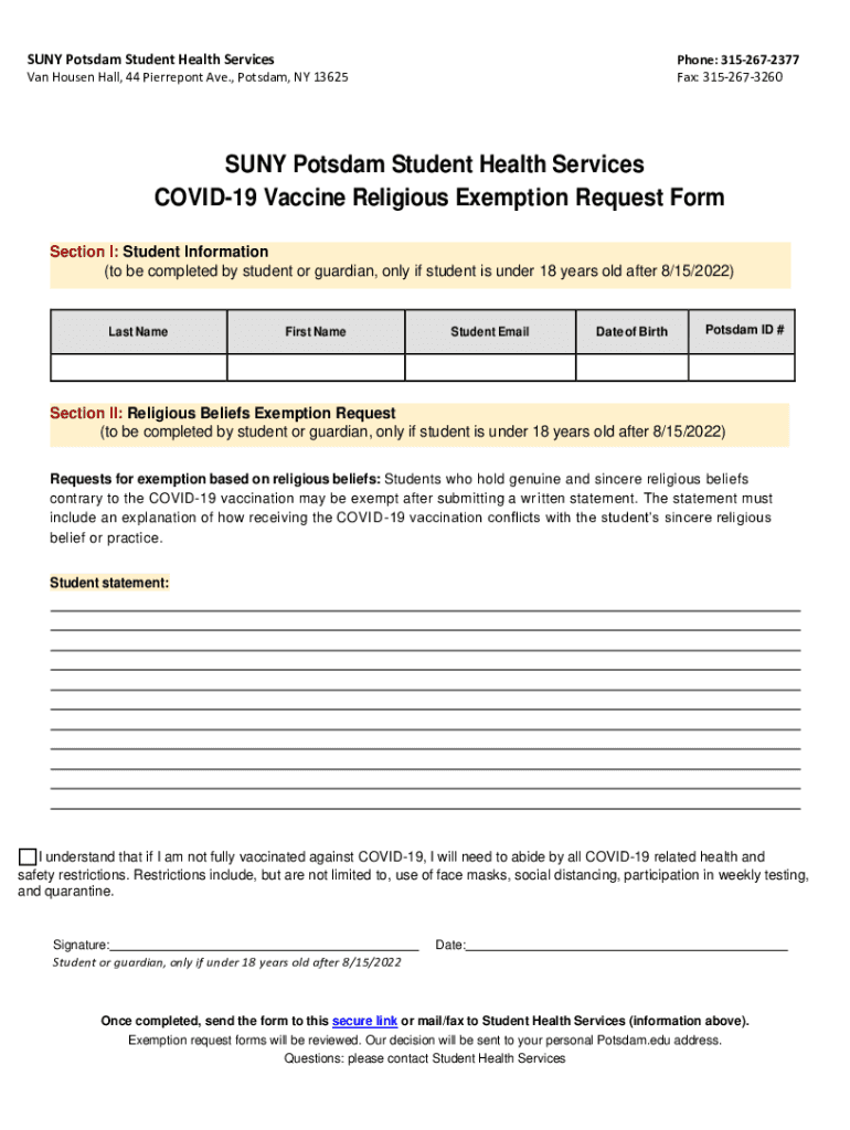 Fillable Online SHS COVID Vaccine Exemption Form SUNY Potsdam Fax