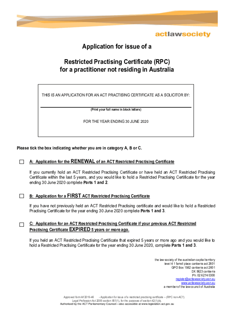 Fillable Online Application for issue of a Restricted ... - ACT ...