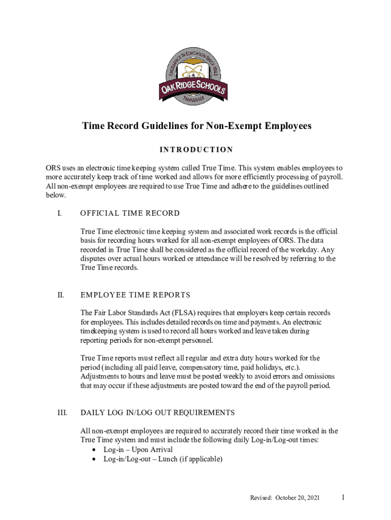Fillable Online Time Record Guidelines for NonExempt Employees.Revised