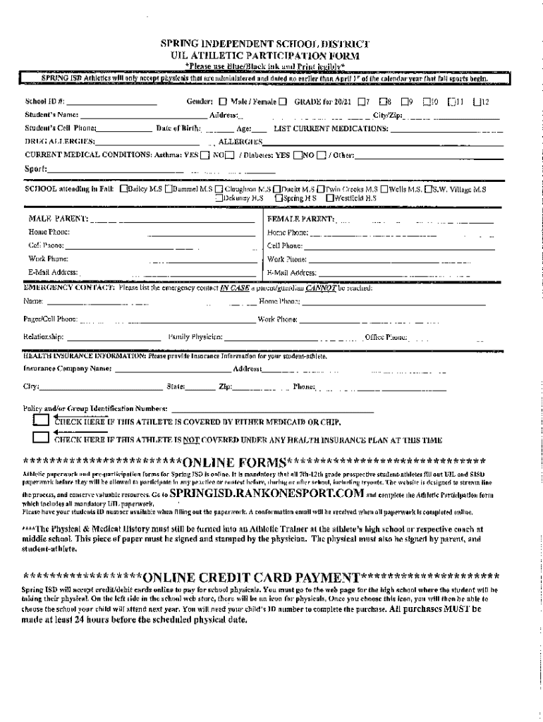 uil athletic participation form Preview on Page 1