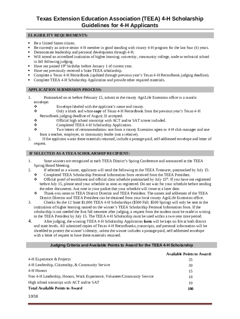 Texas Extension Education Association (TEEA) 4H Scholarship Guidelines