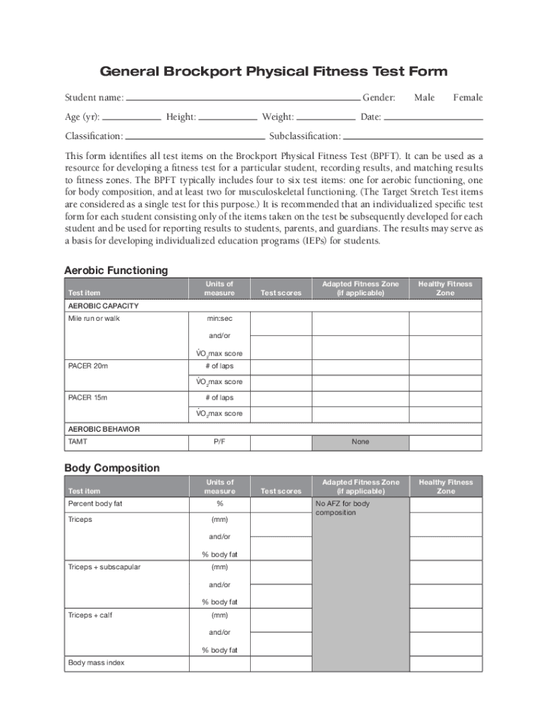 Fillable Online General Brockport Physical Fitness Test Form Human