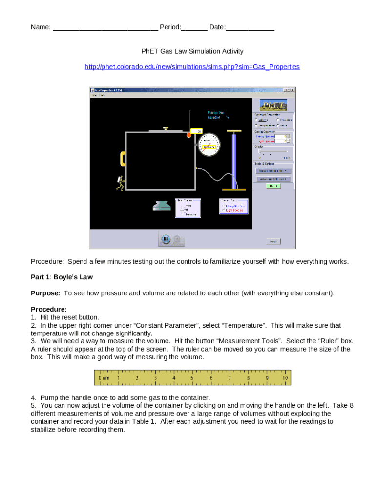 Gas Properties Ideal Gas Molecular Theory PhET Doc