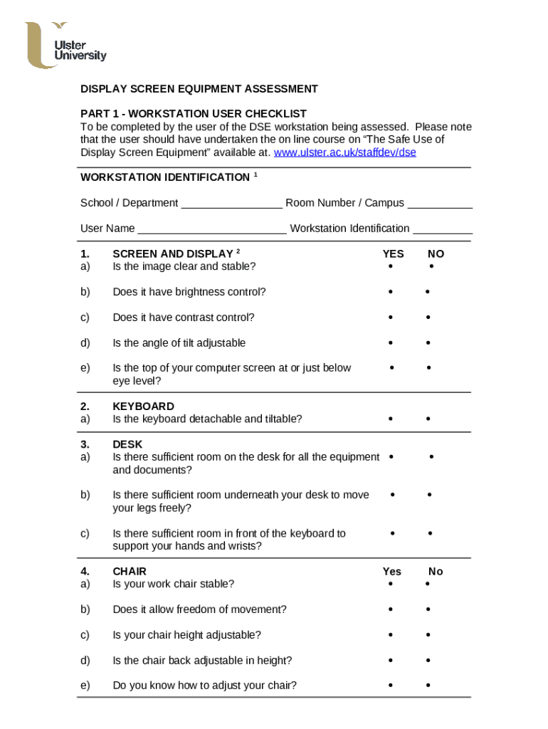 DSE Assessment s & ChecklistsSafetyCultureDisplay screen equipment (DSE