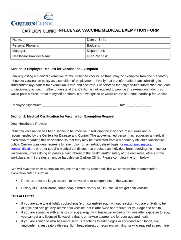 CARILION CLINIC INFLUENZA VACCINE MEDICAL EXEMPTION Doc Template