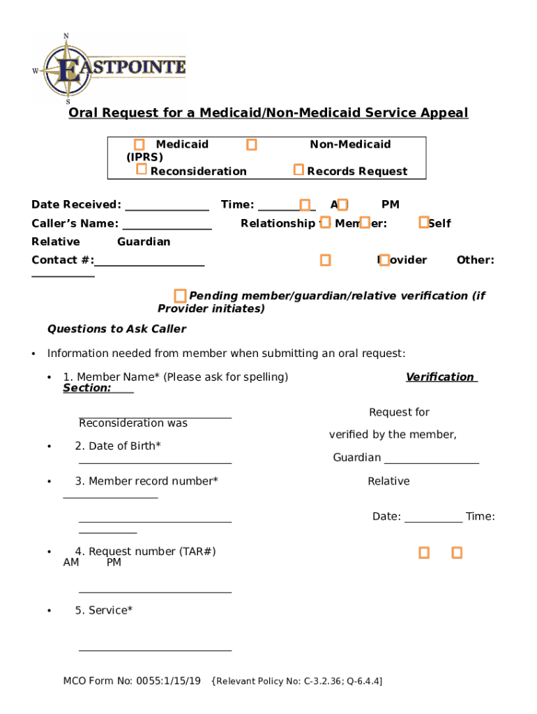 Oral Request for a Medicaid/NonMedicaid Service Appeal Doc Template