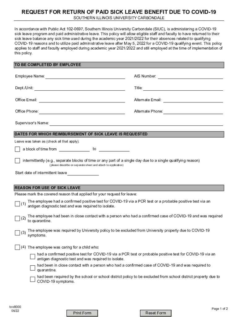 Fillable Online REQUEST FOR RETURN OF PAID SICK LEAVE BENEFIT DUE TO