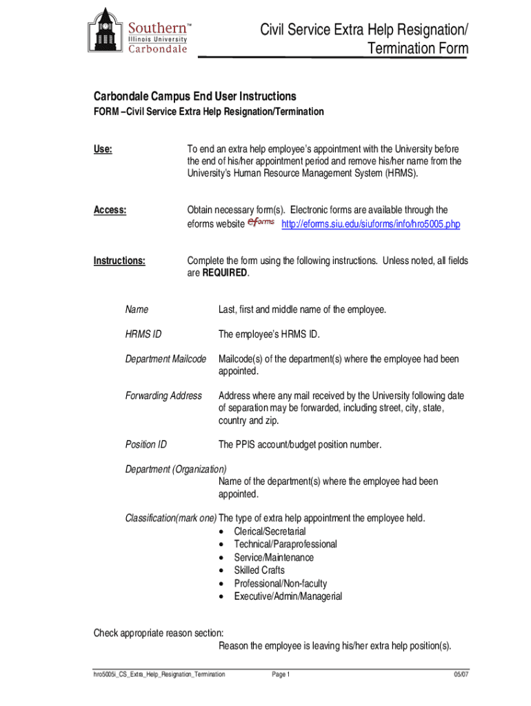 Fillable Online Civil Service Extra Help Resignation Termination Form fillable-online-civil-service-extra-help-resignation-termination-form