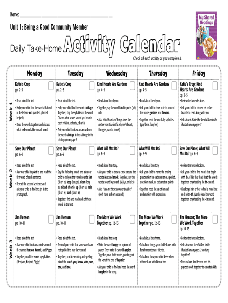 Fillable Online Daily Take-Home Activity Calendar Fax Email Print - pdfFiller