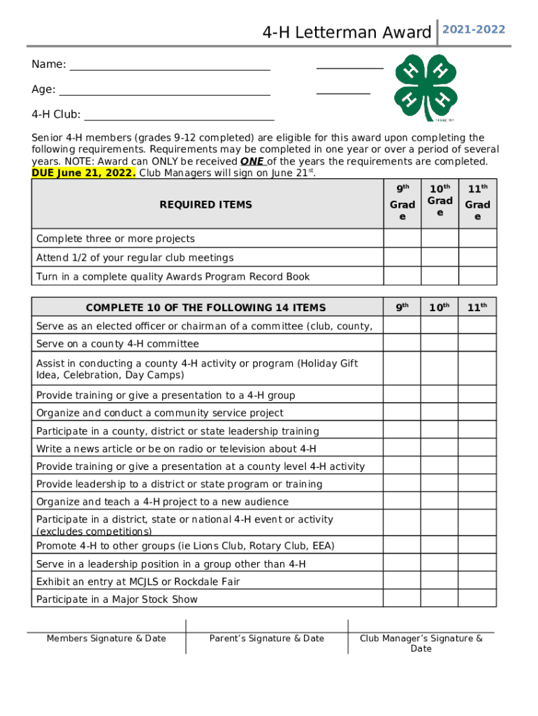4H Letterman Award Texas A&M AgriLife Extension County Offices Doc