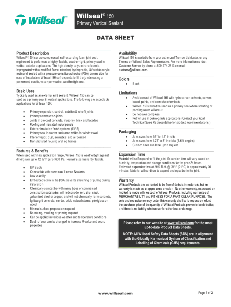 Fillable Online 150 Primary Vertical Sealant DATA SHEET Willseal