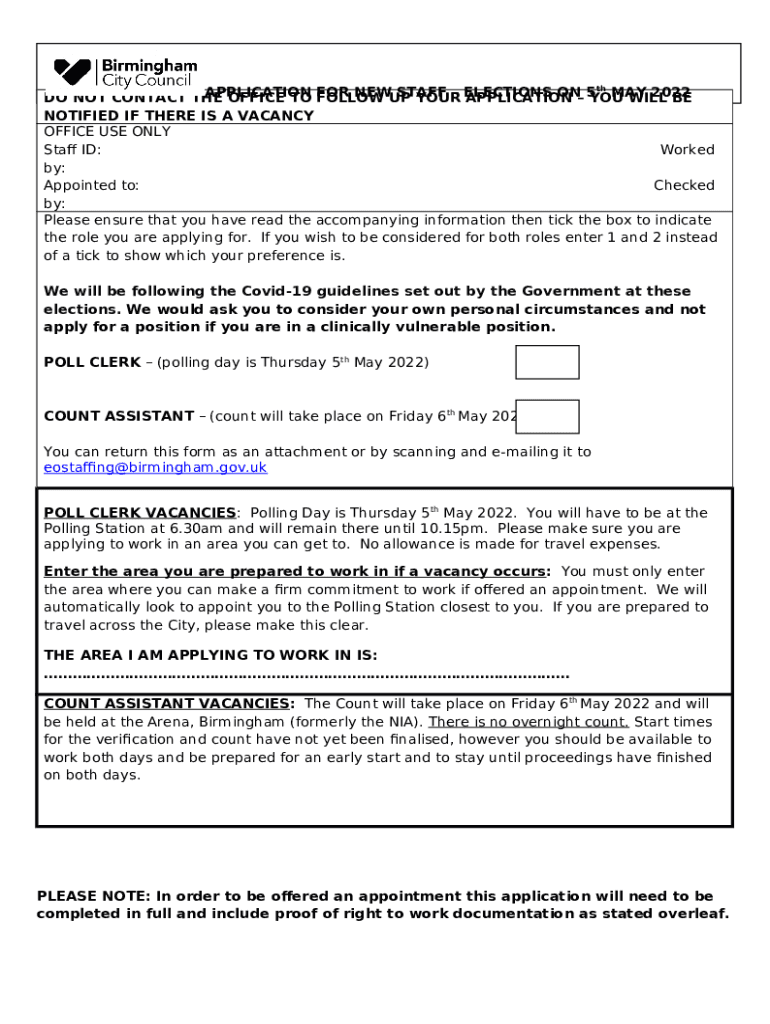 Application for new election staff Birmingham City Council Doc