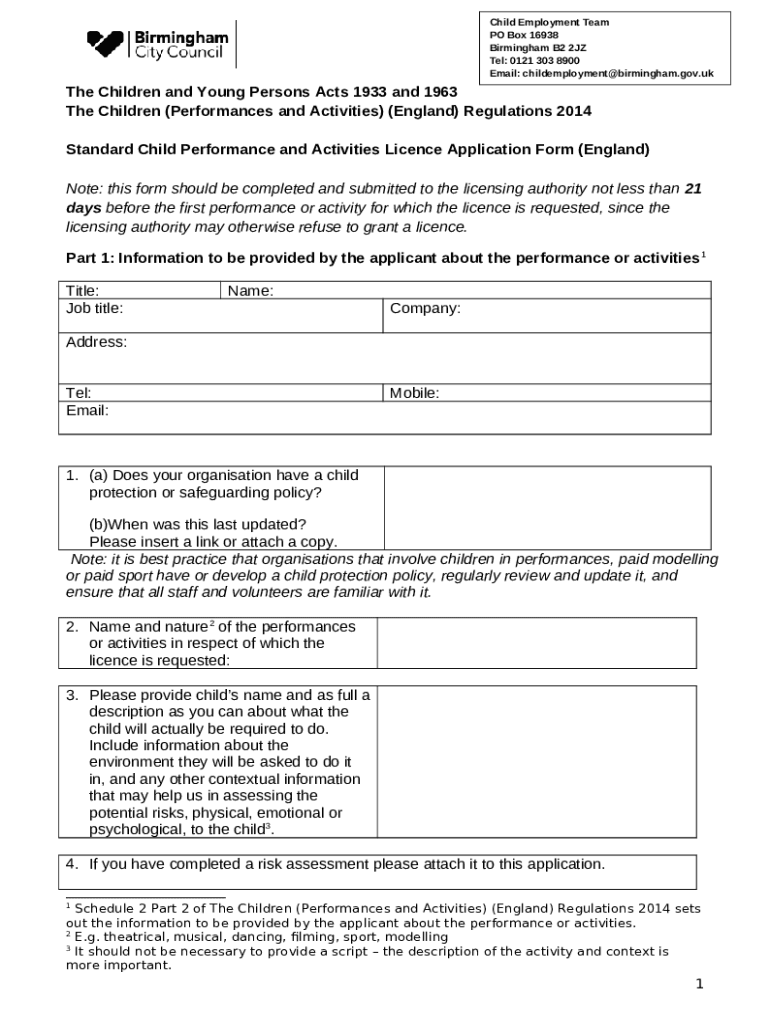 standard licence application Birmingham City Council Doc Template