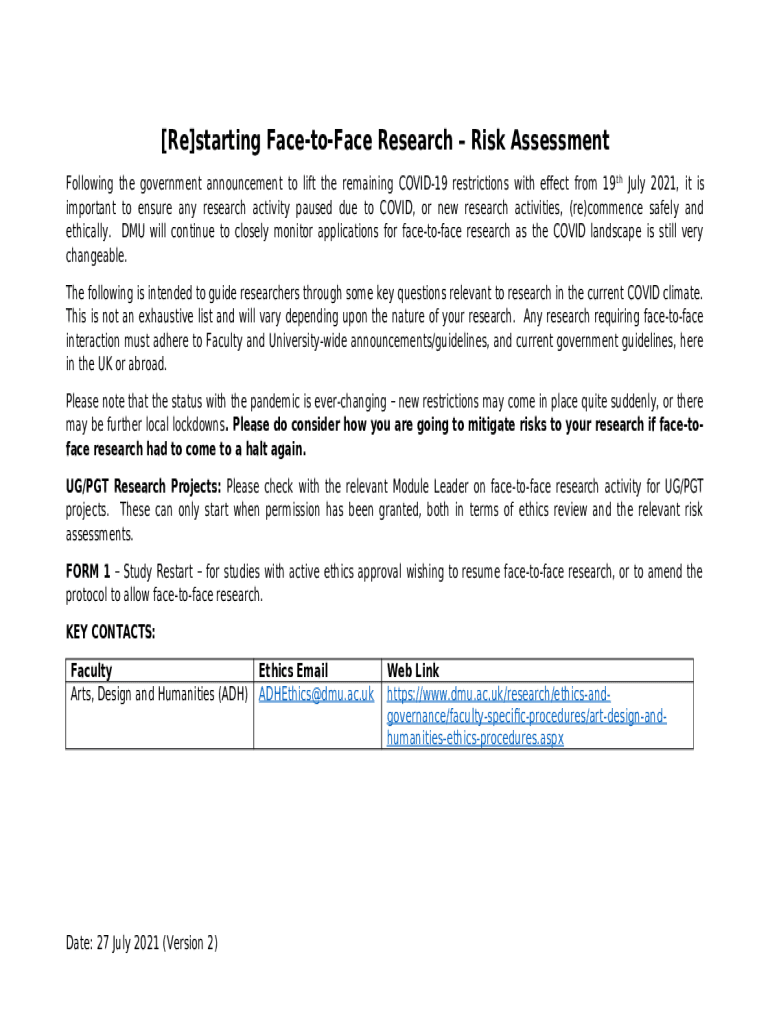 (Re)starting Face to Face Research Risk Assessment Doc Template pdfFiller