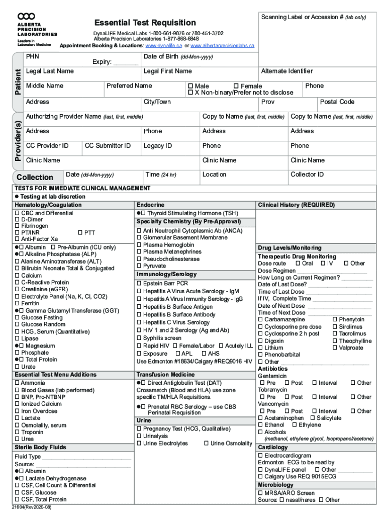 Fillable Online Essential Test Requisition form Alberta Health