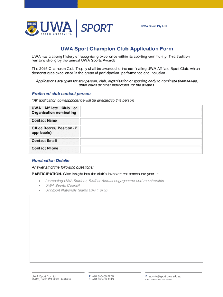 Fillable Online UWA Sport Champion Club Application Form University