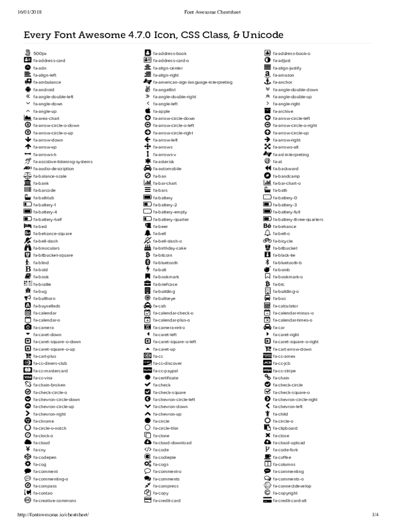 Fillable Online Every Font Awesome 4.7.0 Icon, CSS Class, & Unicode Fax