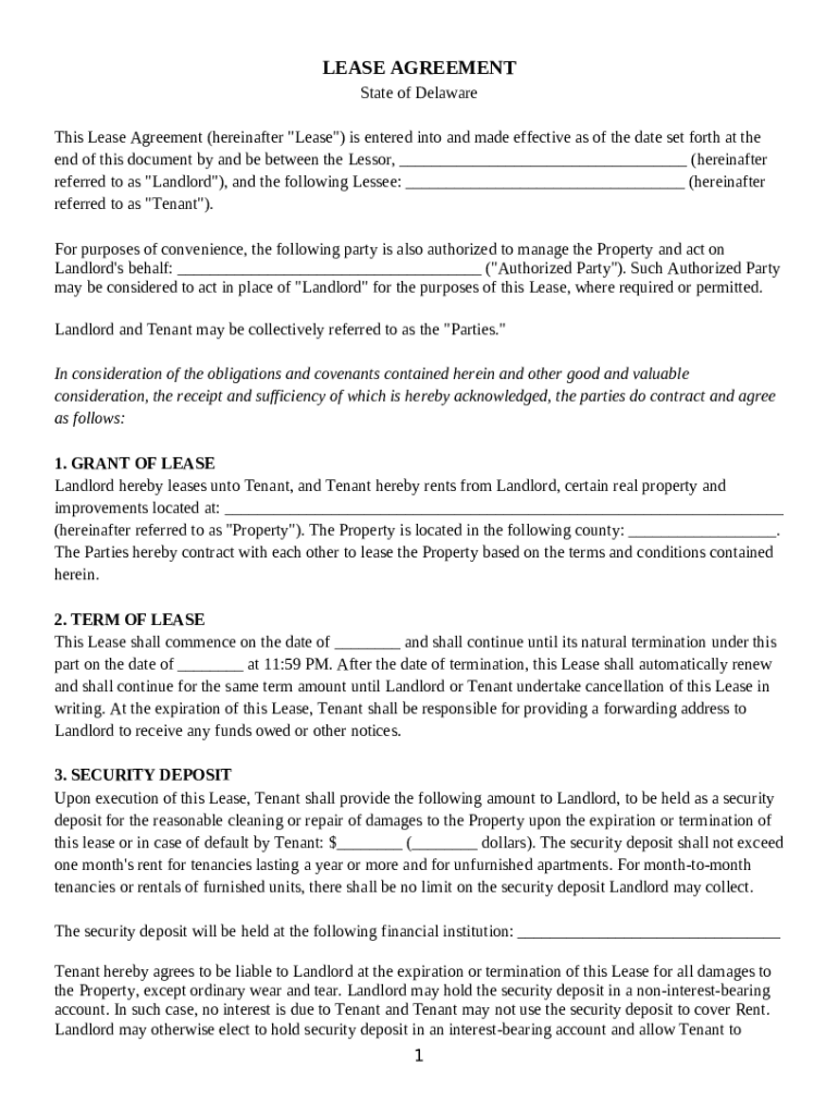 Delaware Residential Lease Agreement. Property Management, Landlord