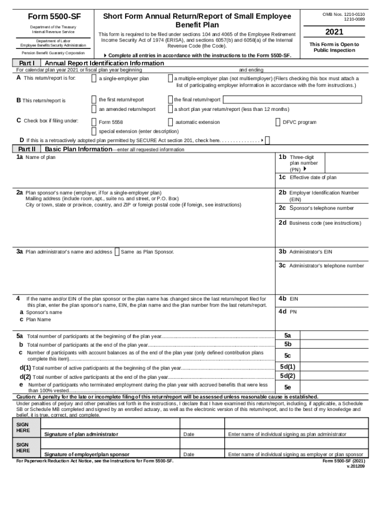 Form 5500 SF 2021 Form 5500 SF - omb report Preview on Page 1