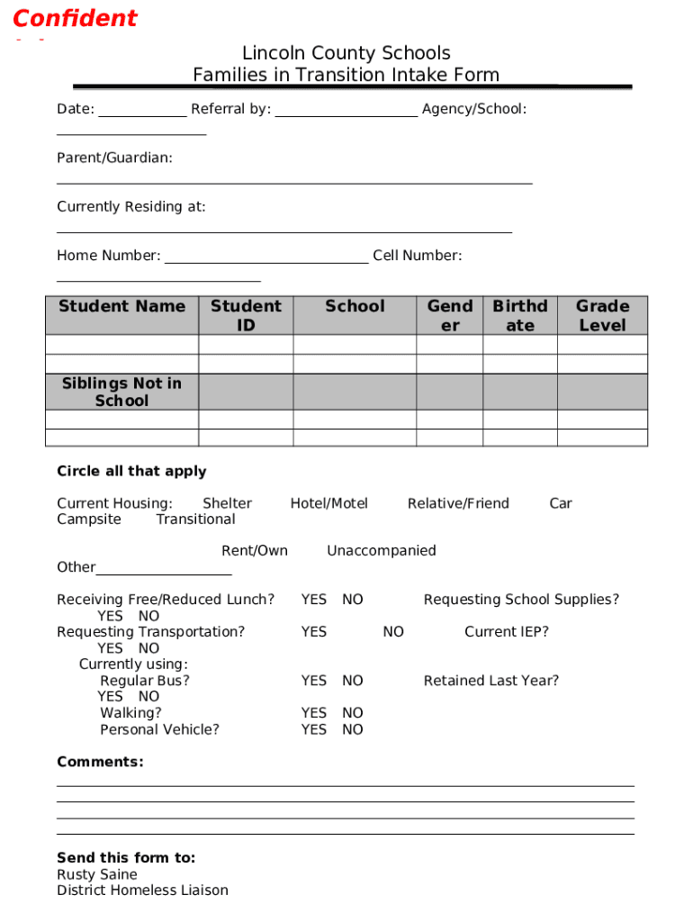 Lincoln County Schools Families in Transition Intake Doc Template