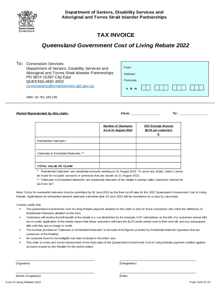 526 Tax Invoice For Cost Of Living Rebate Dsdsatsip qld gov au Doc 