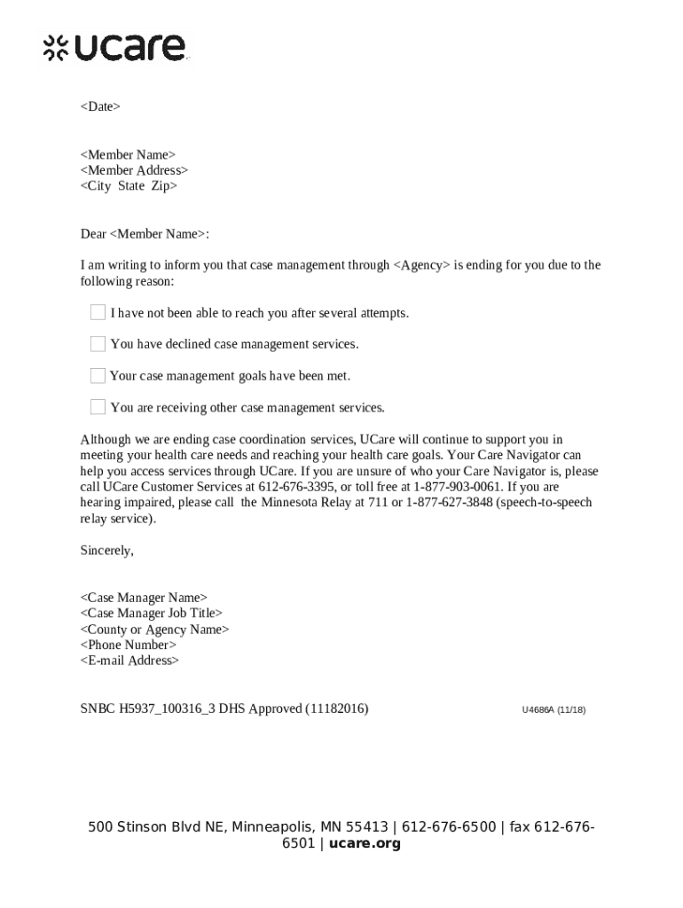 U4686 Discontinue Case Mgt Letter Doc Template pdfFiller