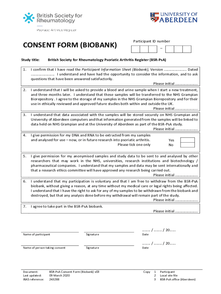 Fillable Online CONSENT FORM (BIOBANK) University of Aberdeen Fax