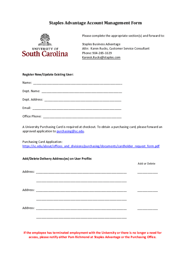 Fillable Online Staples Advantage Account Management Form University