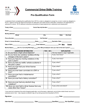 Fillable Online Commercial Driver Skills Training - Pre-Qualification ...
