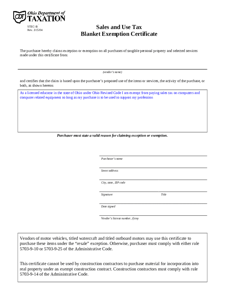 STECB Sales and Use Tax Rev. 3/15/04 Blanket Exemption Certificate Doc