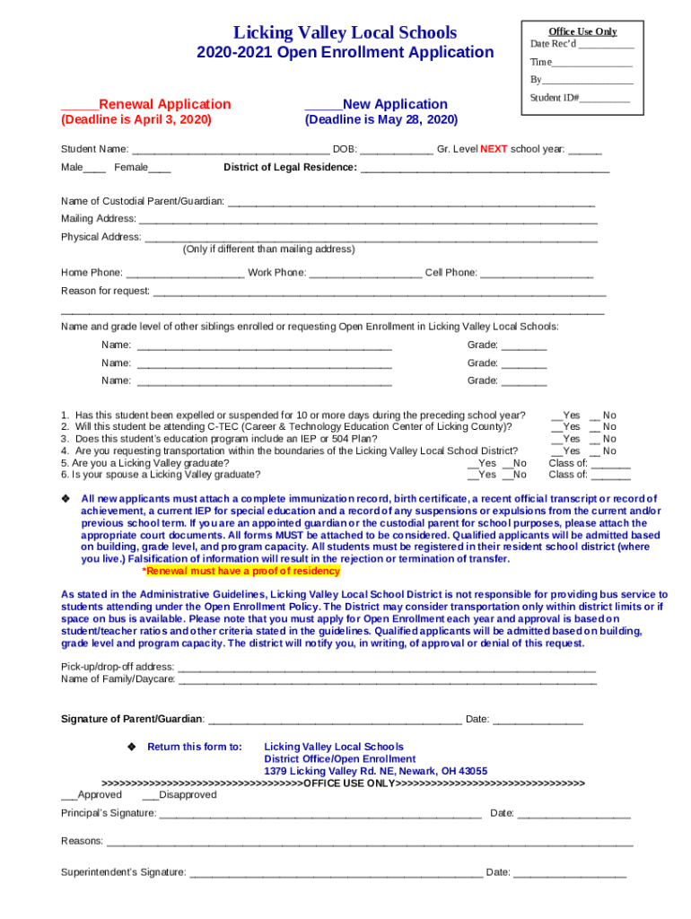 Licking Valley Local Schools Office Use Only 20222023 Open Enrollment
