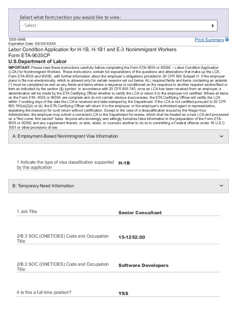 Fillable Online Labor Condition Application for H1B, H1B1 and E