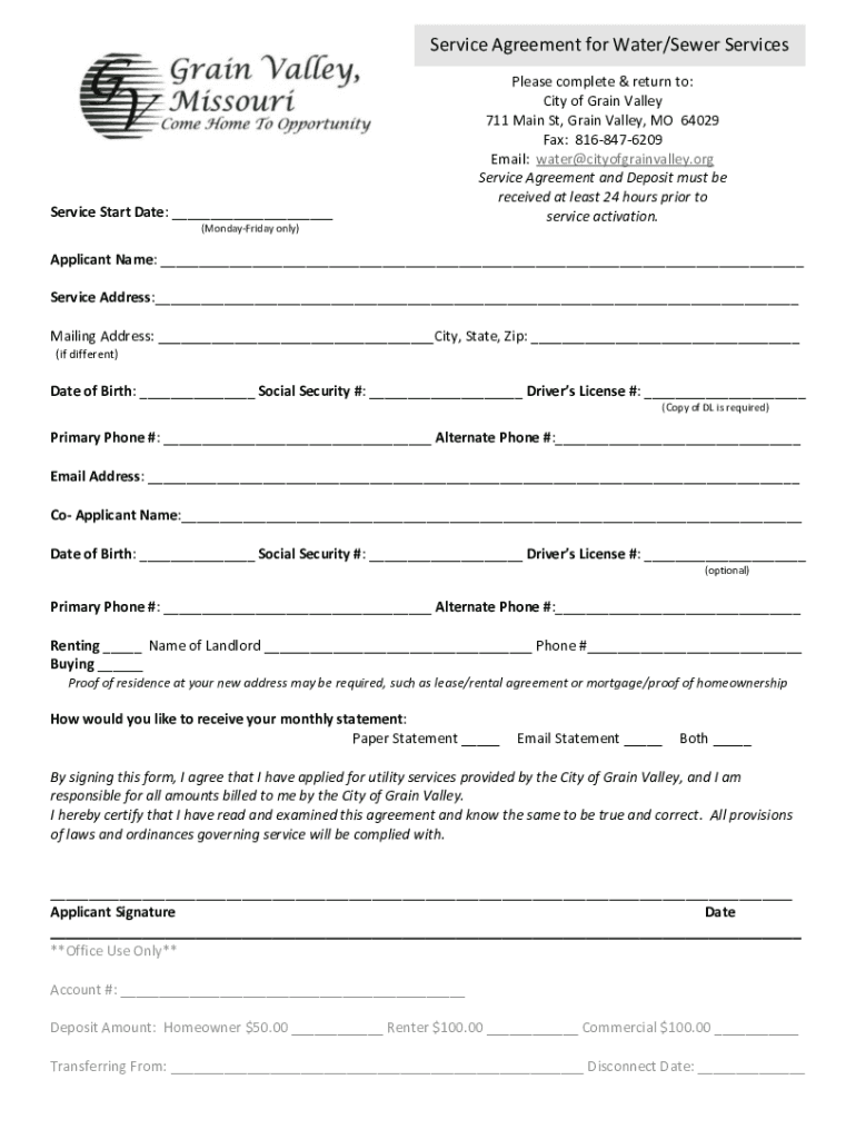 Fillable Online SERVICE AGREEMENT FOR WATER/SEWER SERVICES Grain