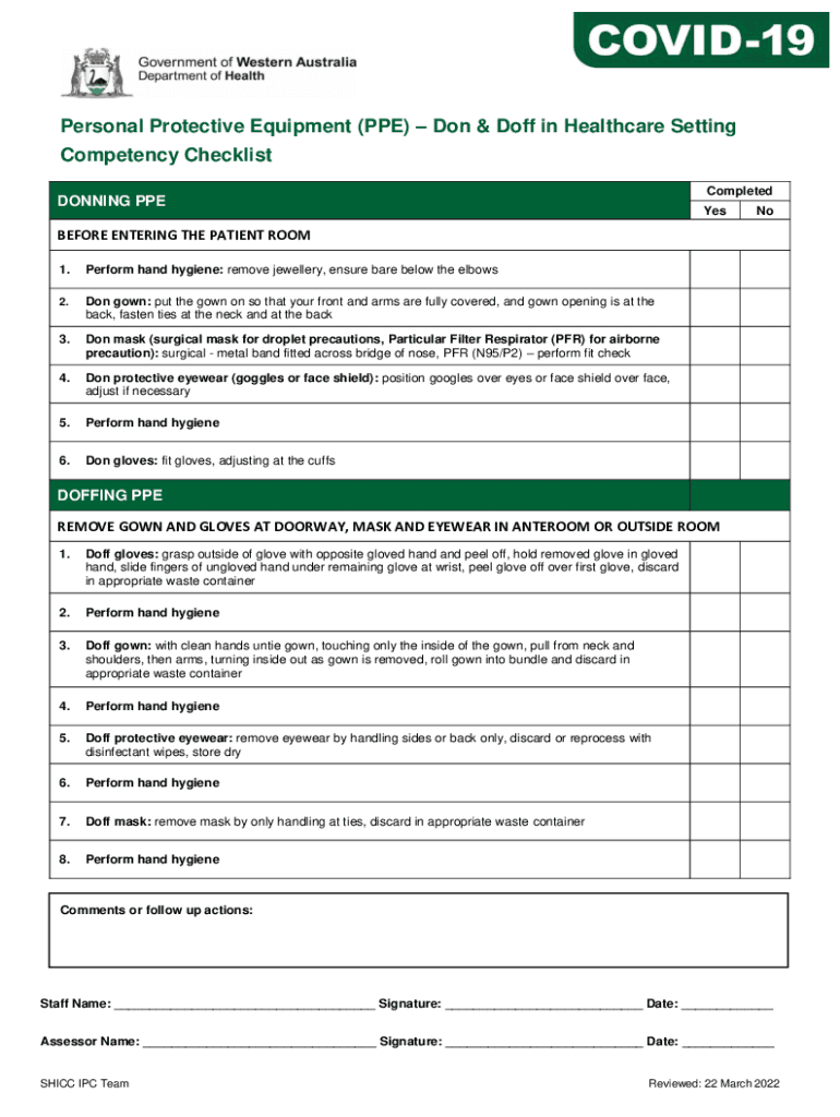 Fillable Online PPE Don and Doff in Healthcare settings Competency Checklist Fax Email Print