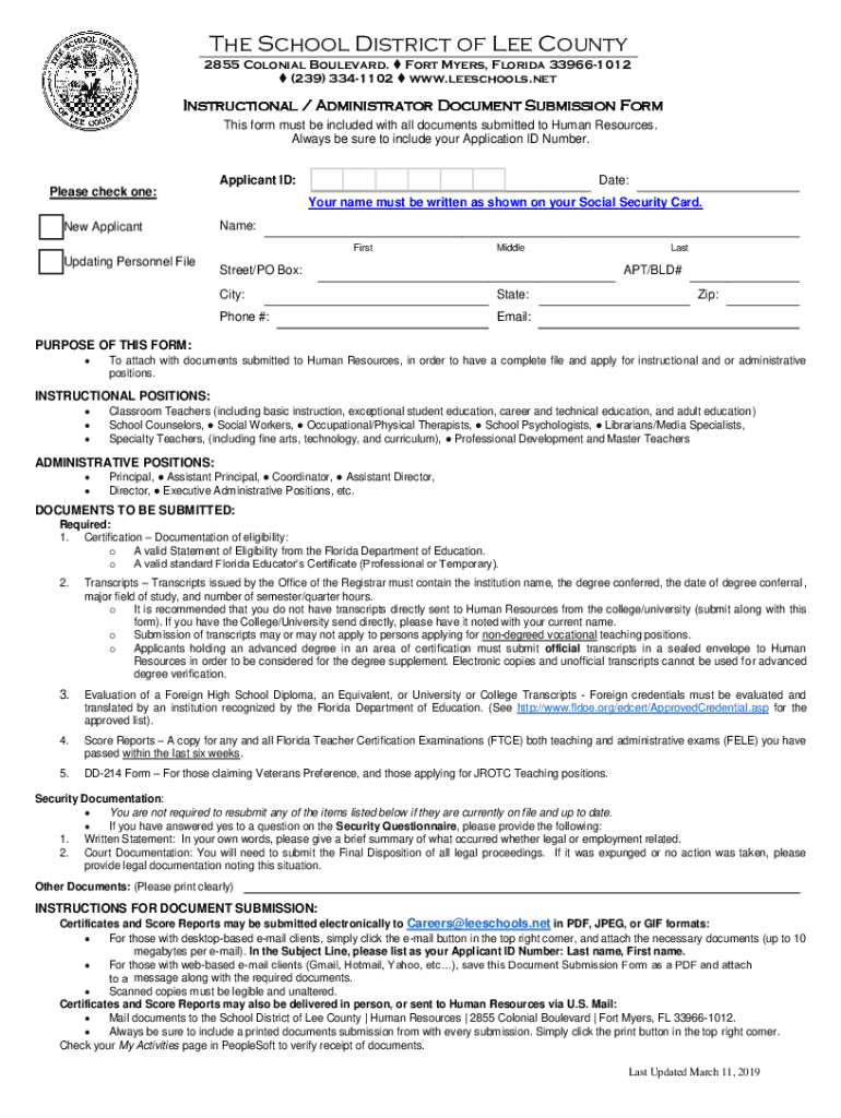 2019-2023 FL School District of Lee County Instructional/Administrator  Document Submission Form Fill Online, Printable, Fillable, Blank - pdfFiller