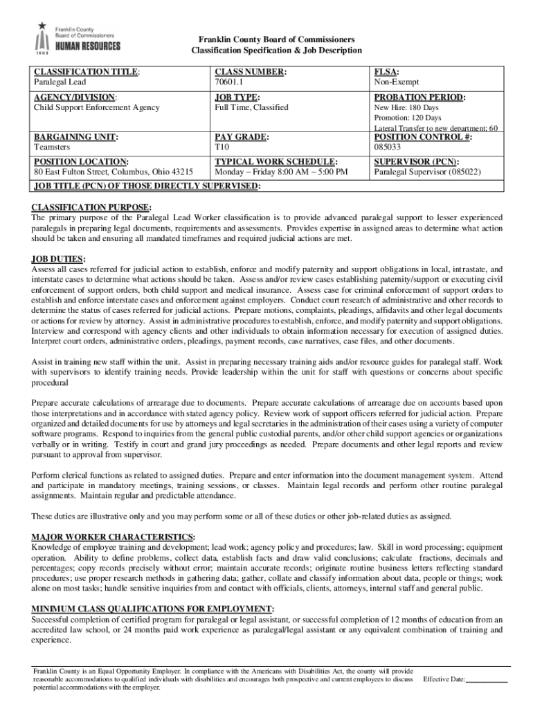 Fillable Online Classification Specification & Job Description