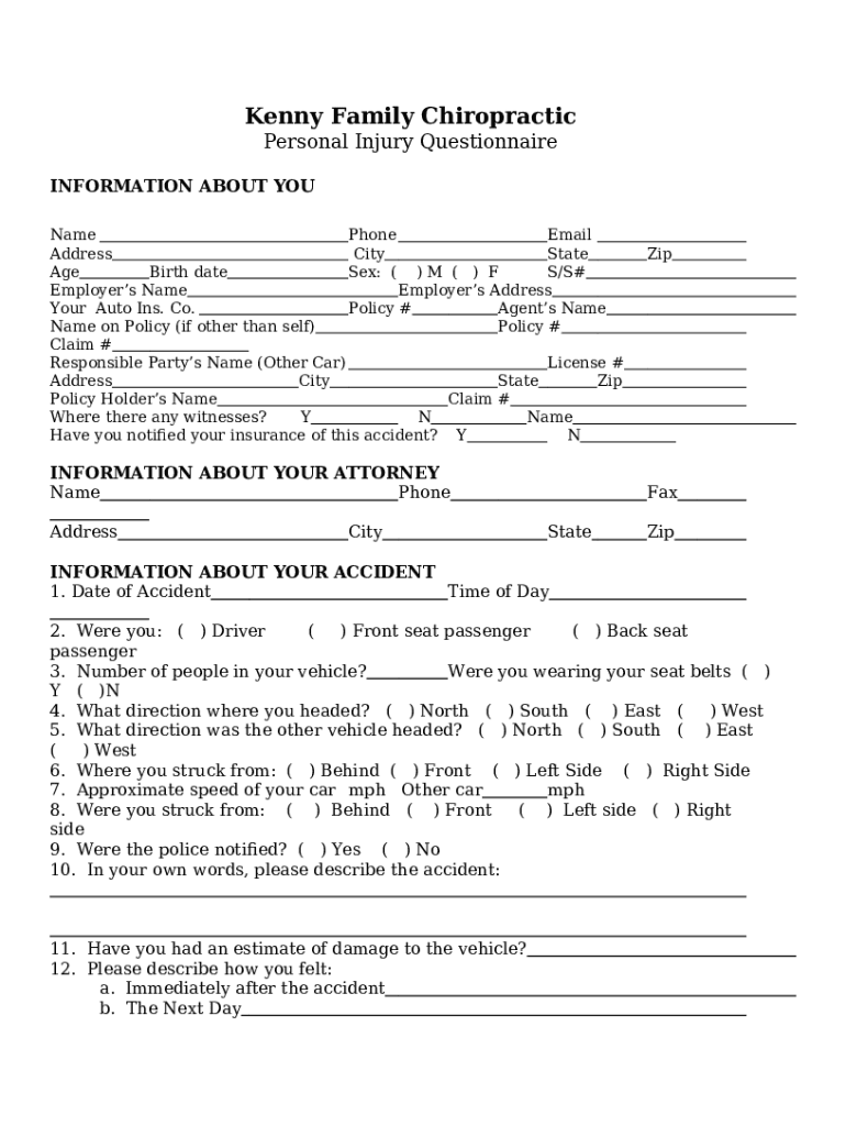 Personal Injury Questionnaire Doc Template pdfFiller