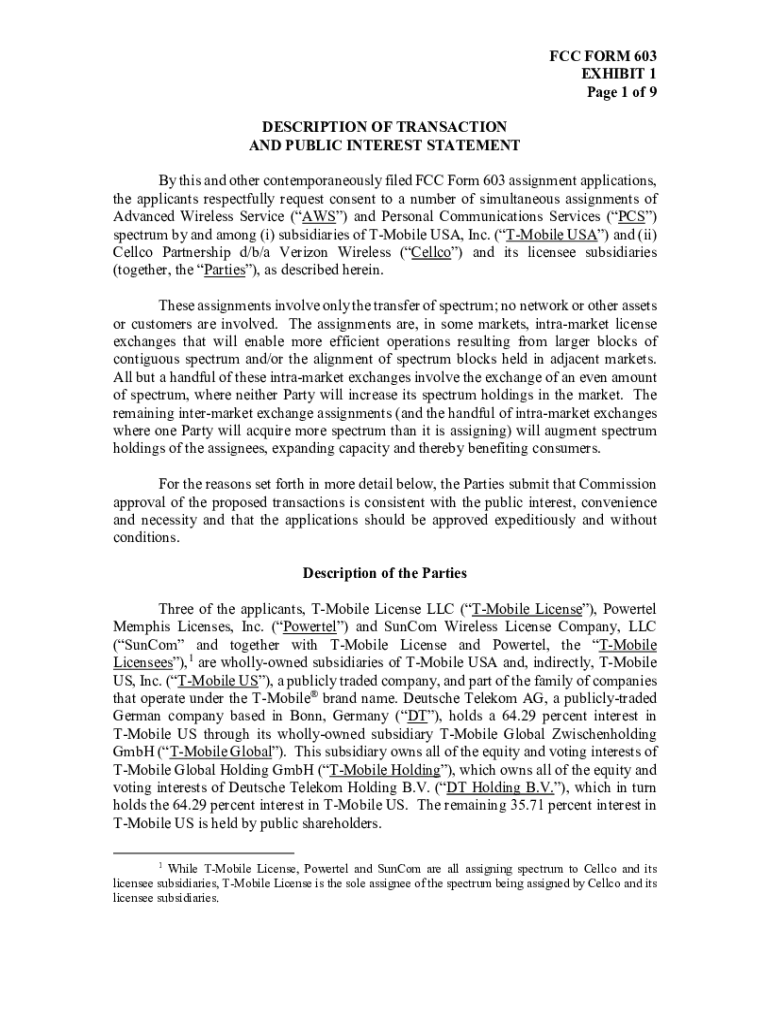 Fillable Online FCC FORM 603 EXHIBIT 1 Page 1 of 9 DESCRIPTION OF