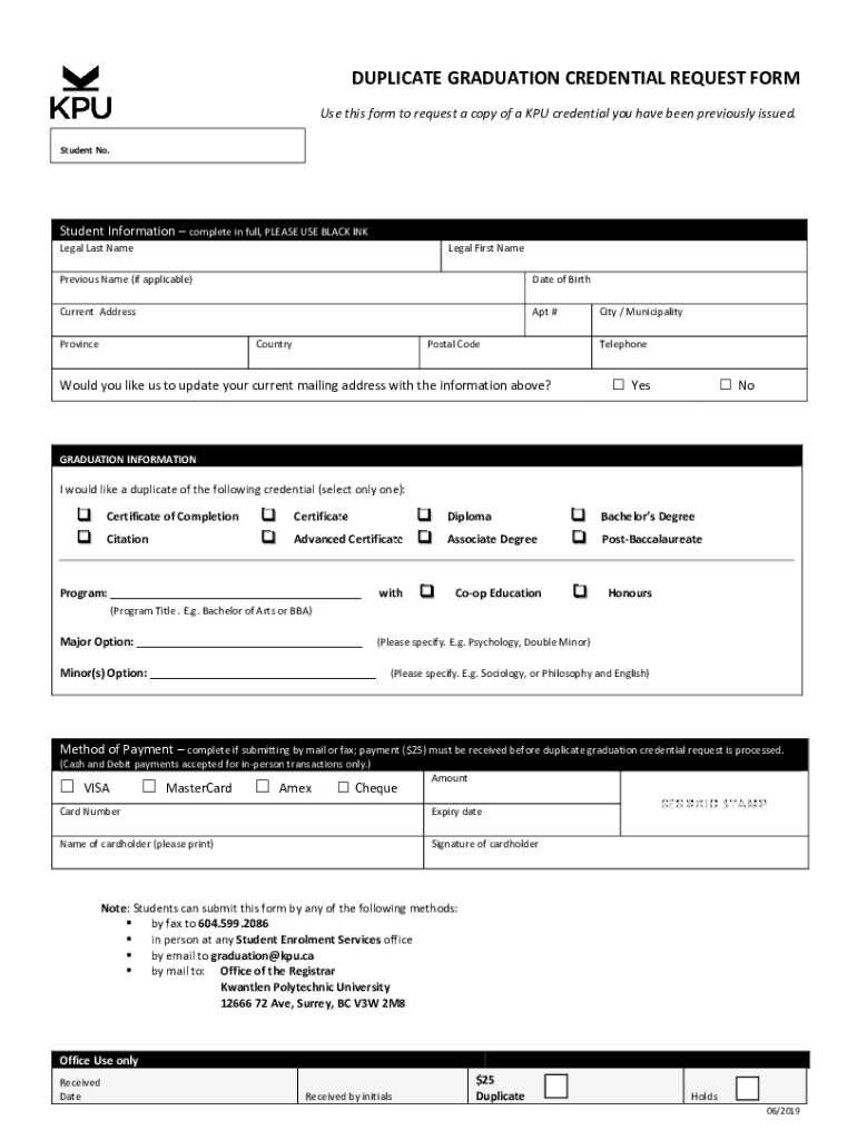Fillable Online DUPLICATE GRADUATION CREDENTIAL REQUEST FORM Fax Email