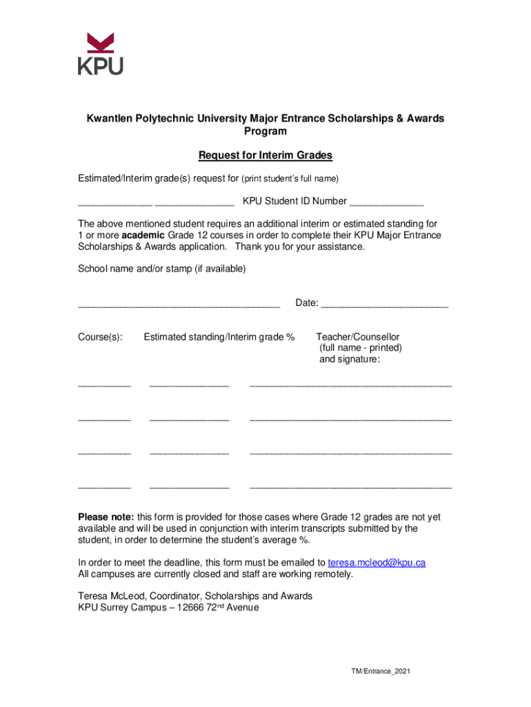 Fillable Online Estimated/Interim standing request for (student name