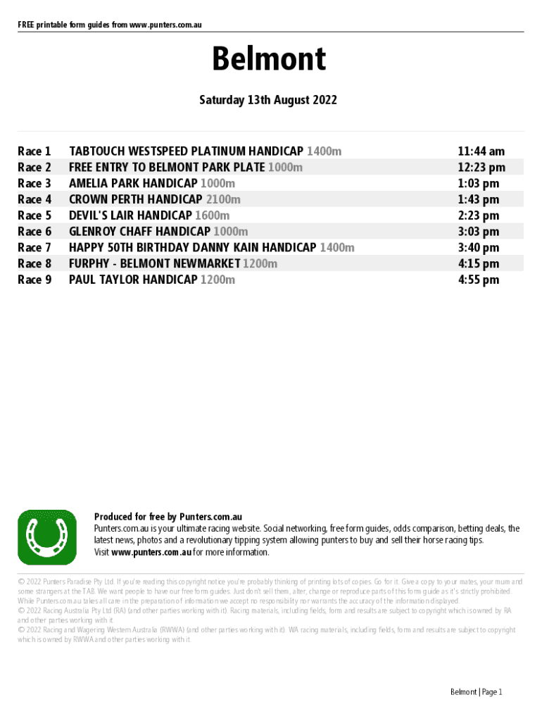 Fillable Online Belmont Printable Form Guide - Saturday 13th August ...