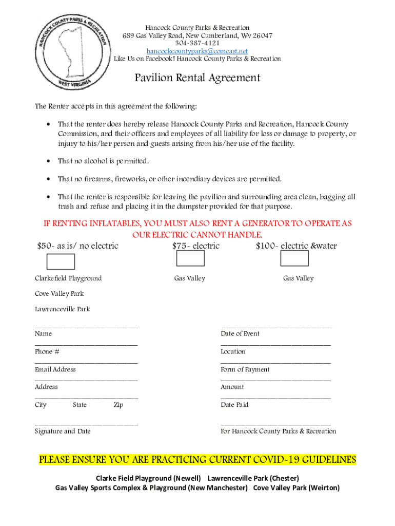 Fillable Online Pavilion Rental Agreement Hancock County Parks and