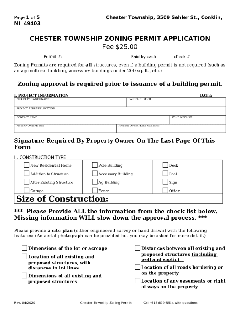 CHESTER TOWNSHIP ZONING PERMIT APPLICATION Fee 25 Doc Template pdfFiller