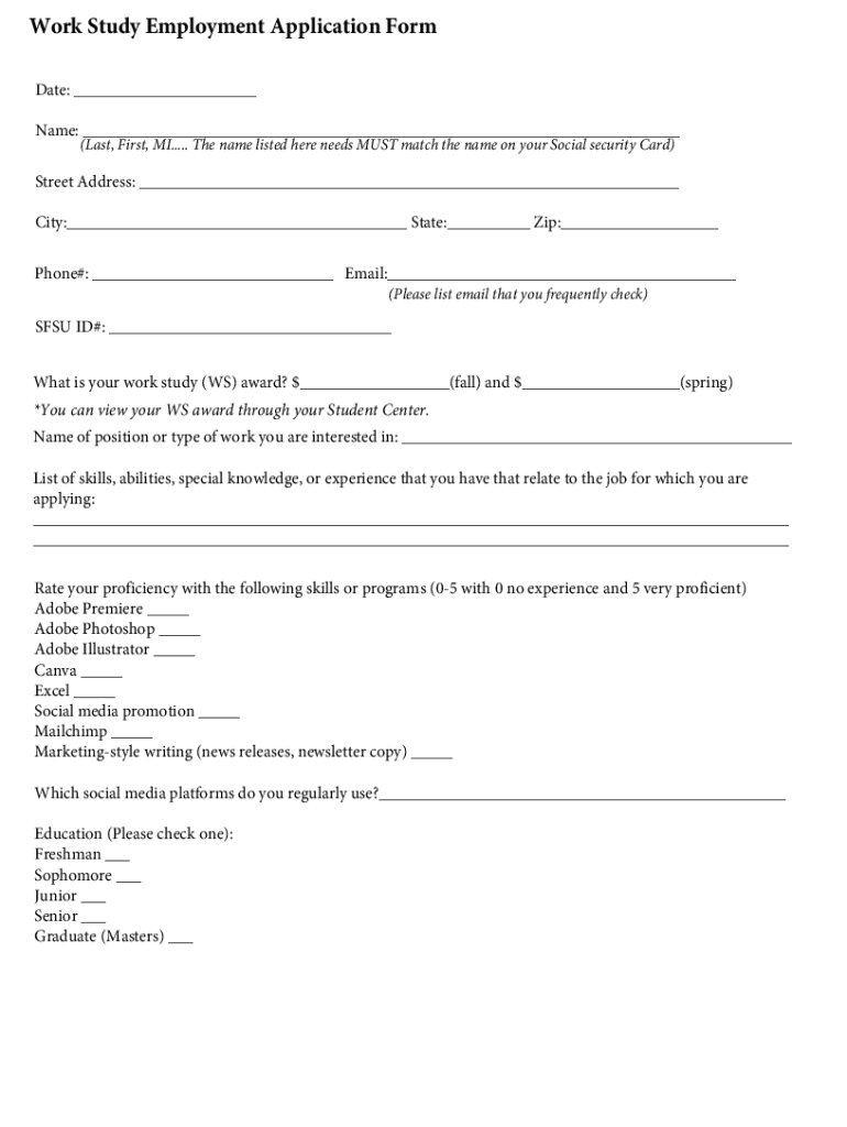 Fillable Online journalism sfsu Work Study Employment Application Form