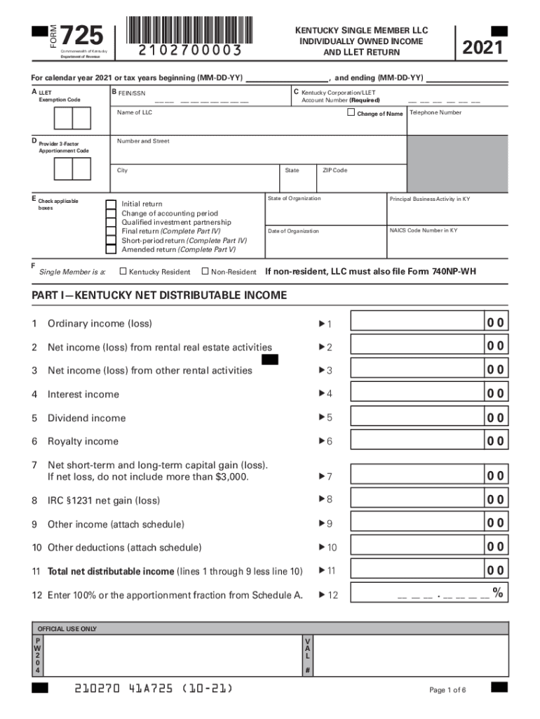 FORM 725 K I ENTUCKY NDIVIDUALLY ... - Department of Revenue Preview on Page 1