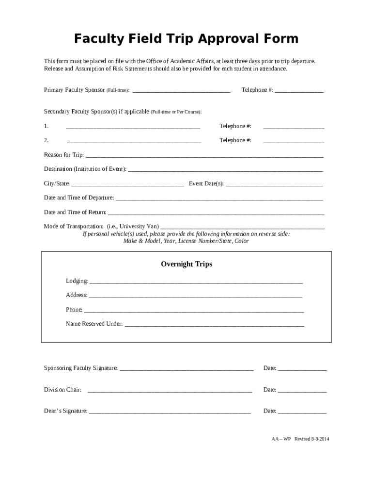 Faculty Field Trip Approval wp missouristate Doc Template pdfFiller