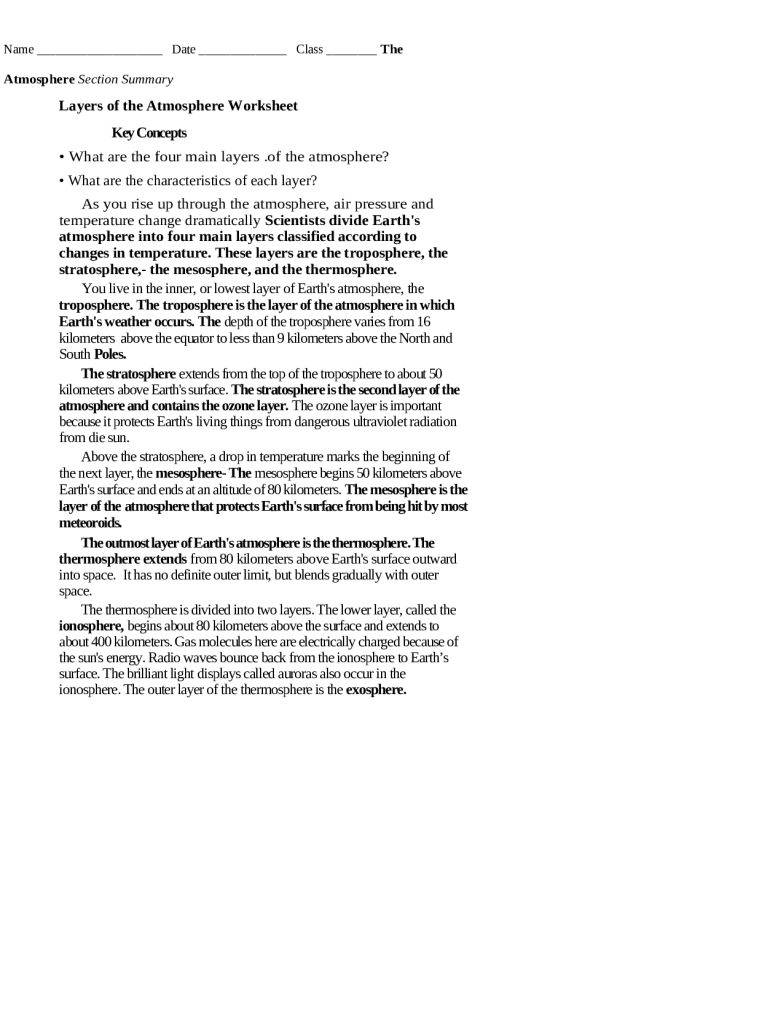 Layers of the atmosphere Worksheet Doc Template | pdfFiller