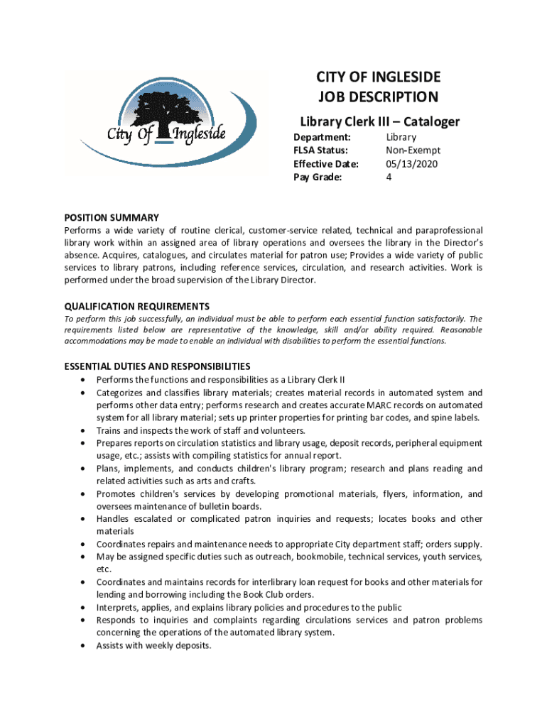 Fillable Online CITY OF INGLESIDE JOB DESCRIPTION Library Clerk III