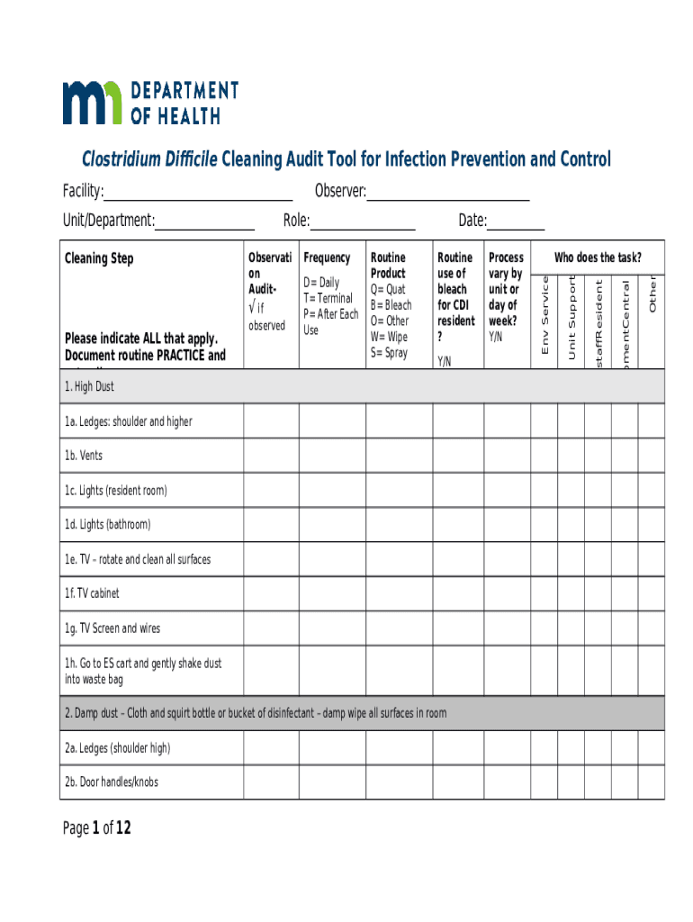 C Diff Cleaning Audit Tool Minnesota Department of Health health